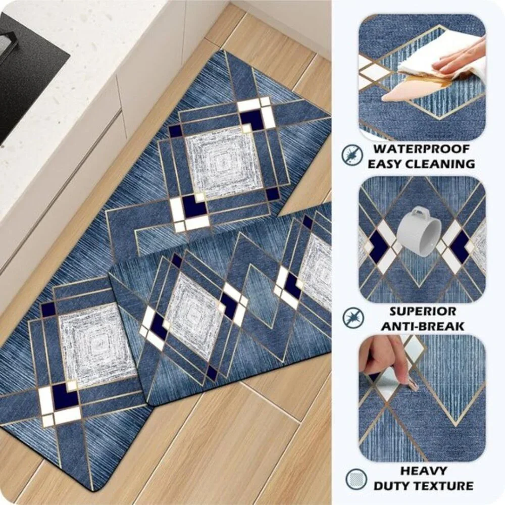 New Set of 2 Navy Grey Anti Fatigue Non-Slip Rubber Cushioned Kitchen Rugs